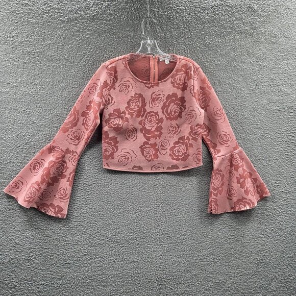 Say What? Womens Y2K Crop Top Large Pink Rose Lace Mesh Bell Sleeve‎ Festival - Picture 1 of 10
